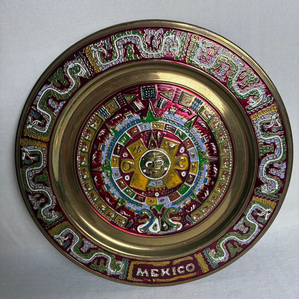 Vintage Mexican Brass Aztec Mayan Calendar Wall Plaque Hand Painted Enamel 11.5